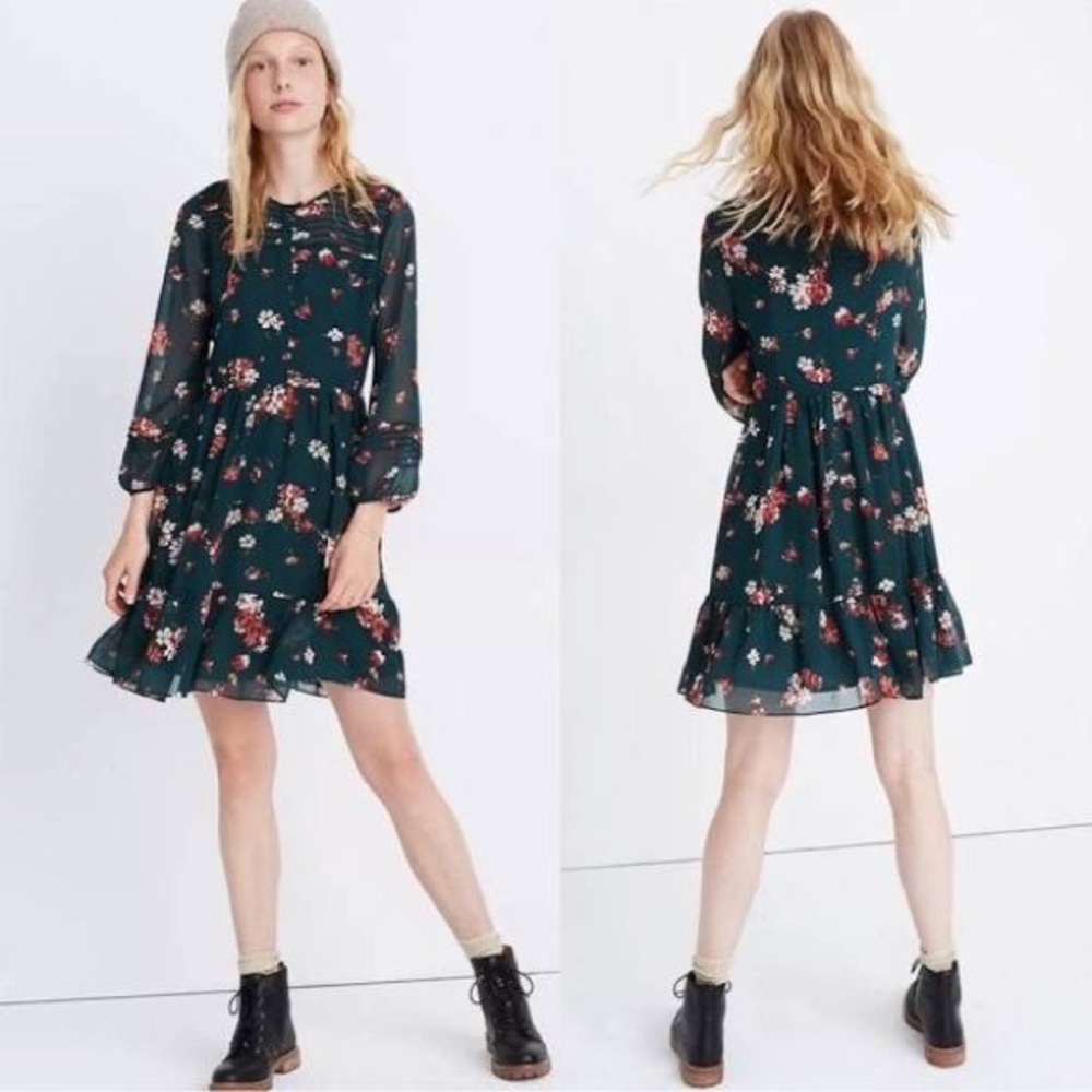 Madewell pintuck ruffle floral dress in spruce